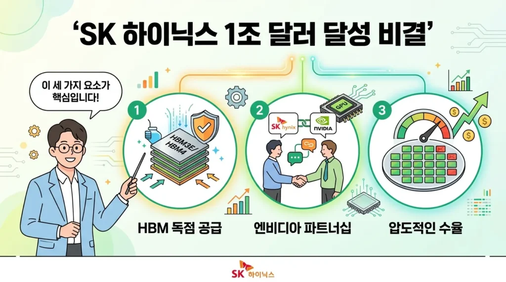 HBM, 엔비디아 협력, 수율 등 SK하이닉스의 핵심 성공 요인을 정리한 한국어 인포그래픽