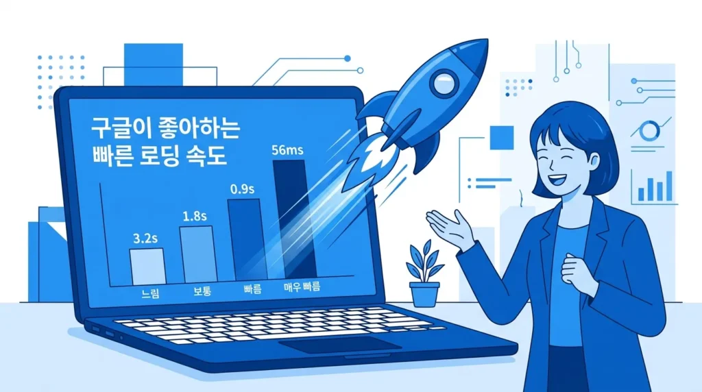 웹사이트 로딩 속도가 빨라져 구글 검색 최적화에 도움이 되는 과정을 로켓으로 표현한 이미지.