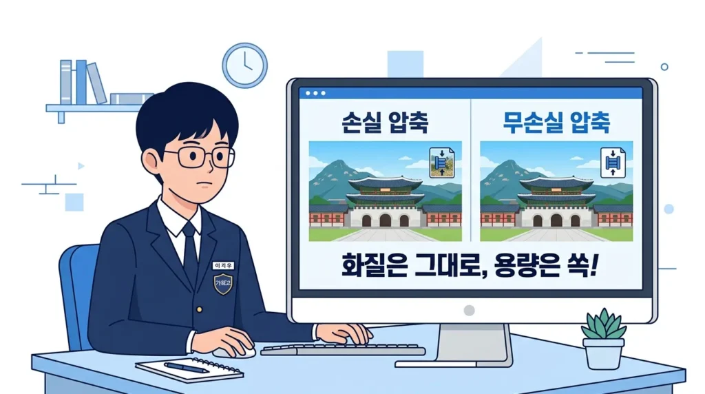 손실 압축과 무손실 압축을 모두 지원하여 화질을 유지하는 WebP의 특징을 설명하는 일러스트.