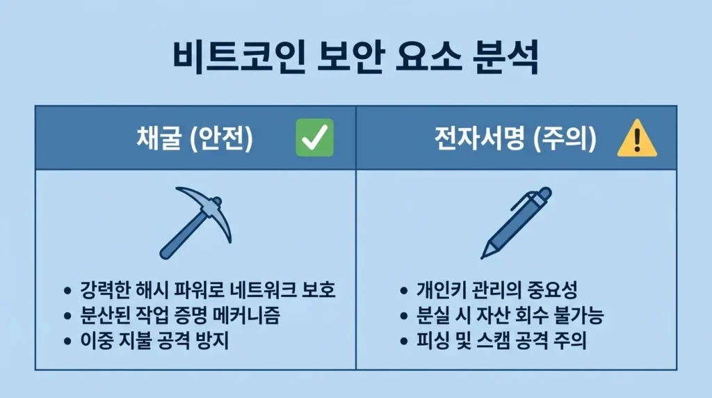 비트코인의 채굴과 전자서명 보안 수준을 비교한 한국어 인포그래픽