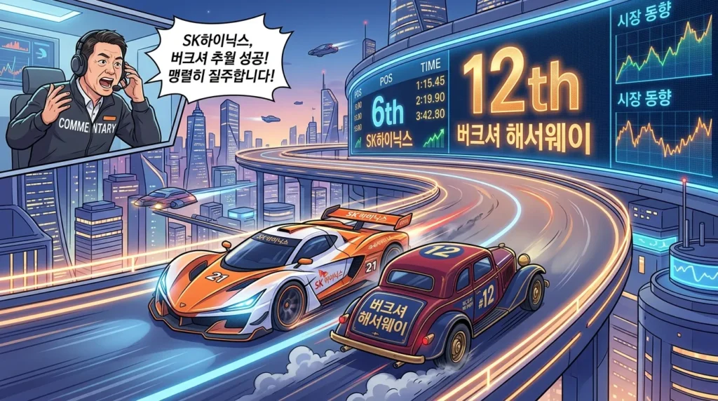 전통의 강자 버크셔 해서웨이를 제치고 질주하는 SK하이닉스의 모습을 형상화한 일러스트