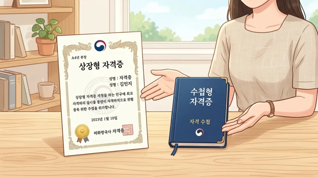 종이 형태의 상장형 자격증과 작은 수첩 형태의 자격증을 함께 보여주는 일러스트