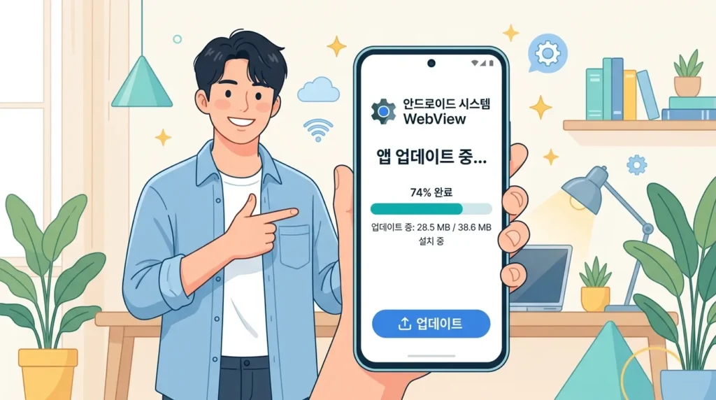구글 플레이 스토어에서 안드로이드 시스템 웹뷰를 업데이트하는 과정을 보여주는 일러스트
