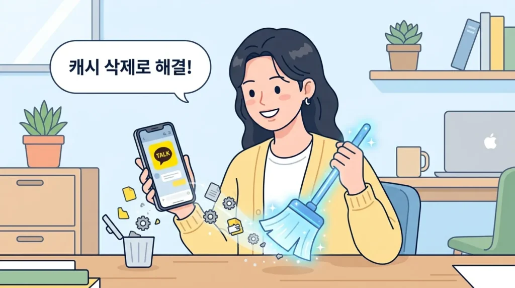 카카오톡 설정 메뉴에서 빗자루 아이콘을 사용해 임시 데이터를 청소하는 시각적 일러스트