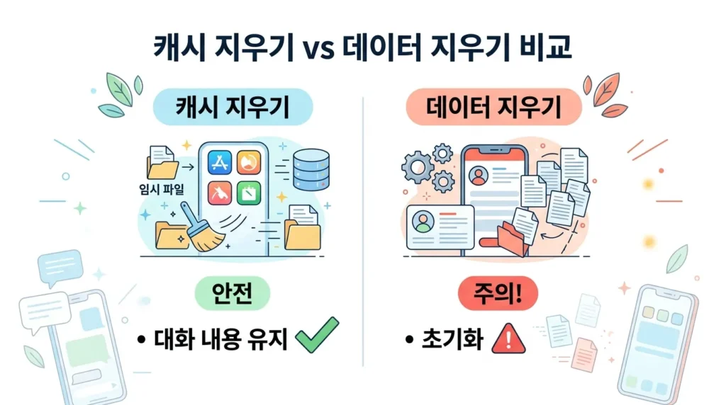 안전한 캐시 삭제와 주의가 필요한 데이터 삭제의 차이를 설명하는 인포그래픽