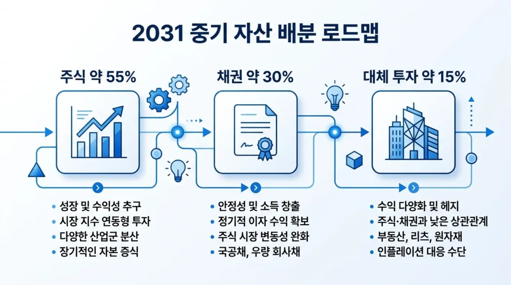 주식, 채권, 대체투자 비중 조정을 통해 2031년까지의 운용 계획을 정리한 전문적인 인포그래픽 이미지.