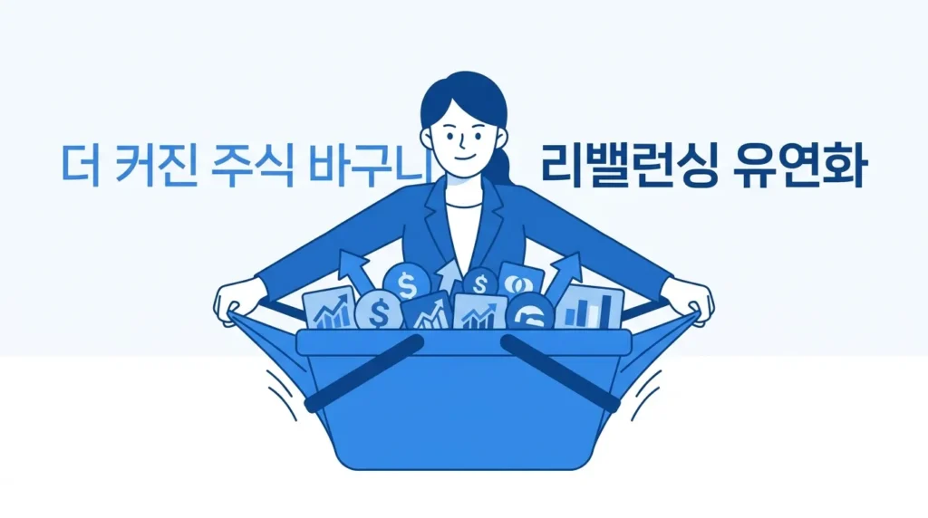 주식 비중 한도가 늘어난 것을 바구니 크기를 키우는 모습으로 비유하여 리밸런싱 유연화를 설명하는 이미지.
